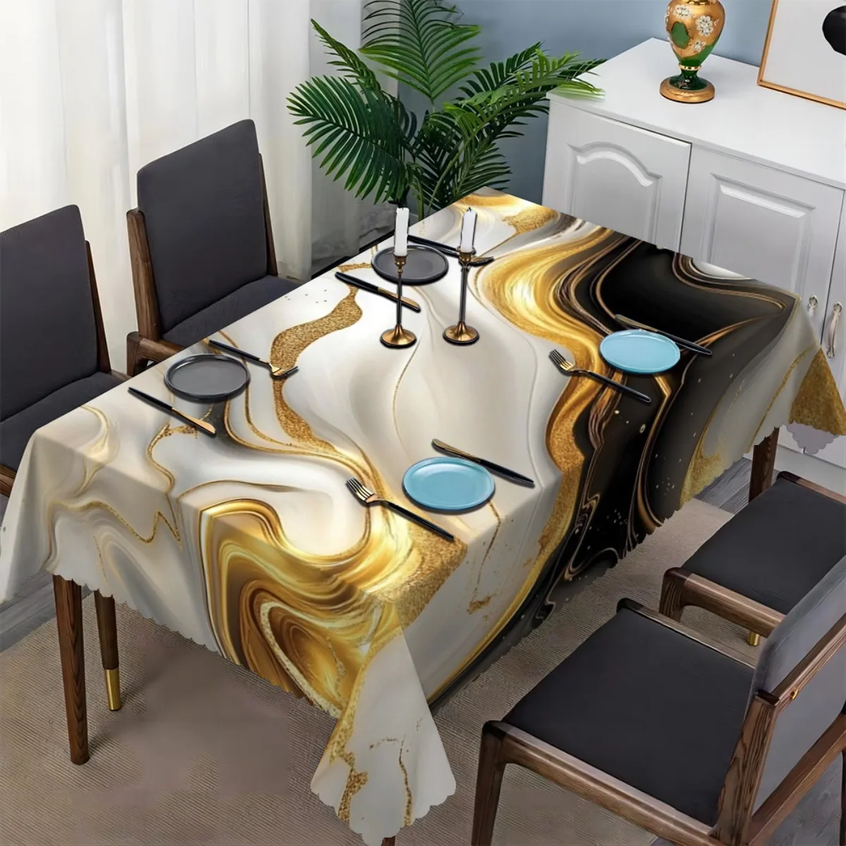 Abstract Golden Vein Liquid Art Marble Tablecloth Stain Resistant Scallop Hem Table Cloth for Dinner Table Cafe Indoor Daily Use