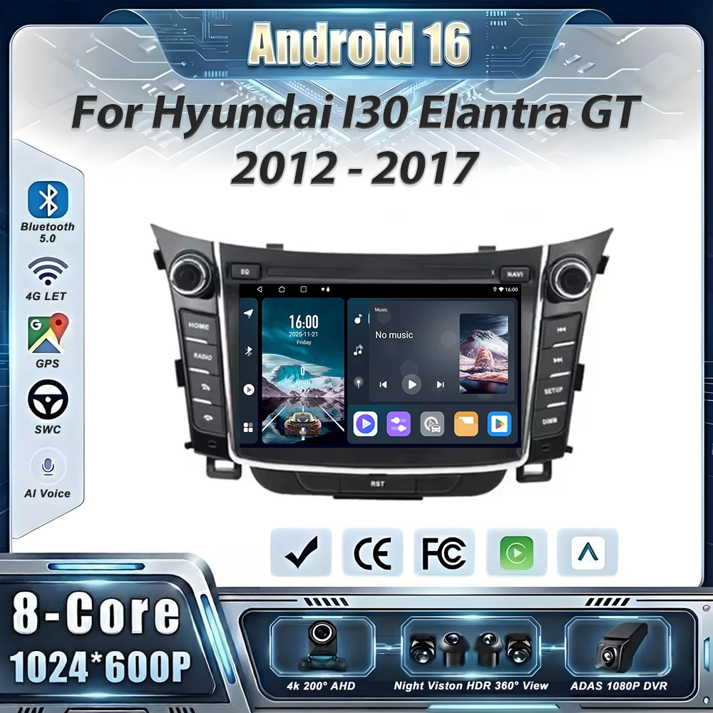 Radio samochodowe z GPS Android 16, odtwarzacz multimedialny do Hyundai I30 Elantra GT 2012 2013 2014 2015 2016 2017