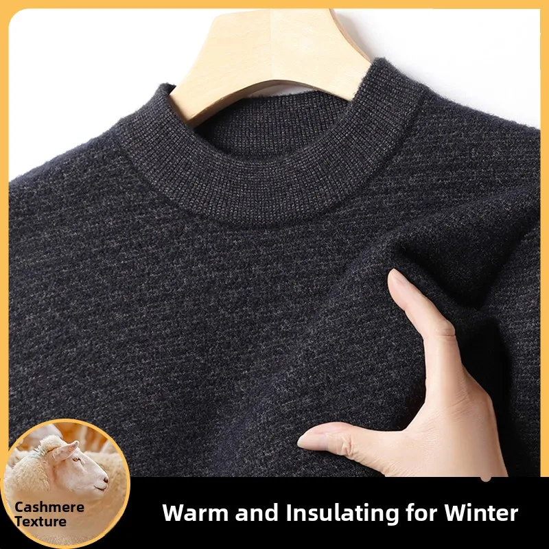 

Утепленный вязаный свитер для мужчин с полувысоким воротником, текстурным узором, повседневный, с длинным рукавом, из полиэфирного волокна, деформируемый, зимний