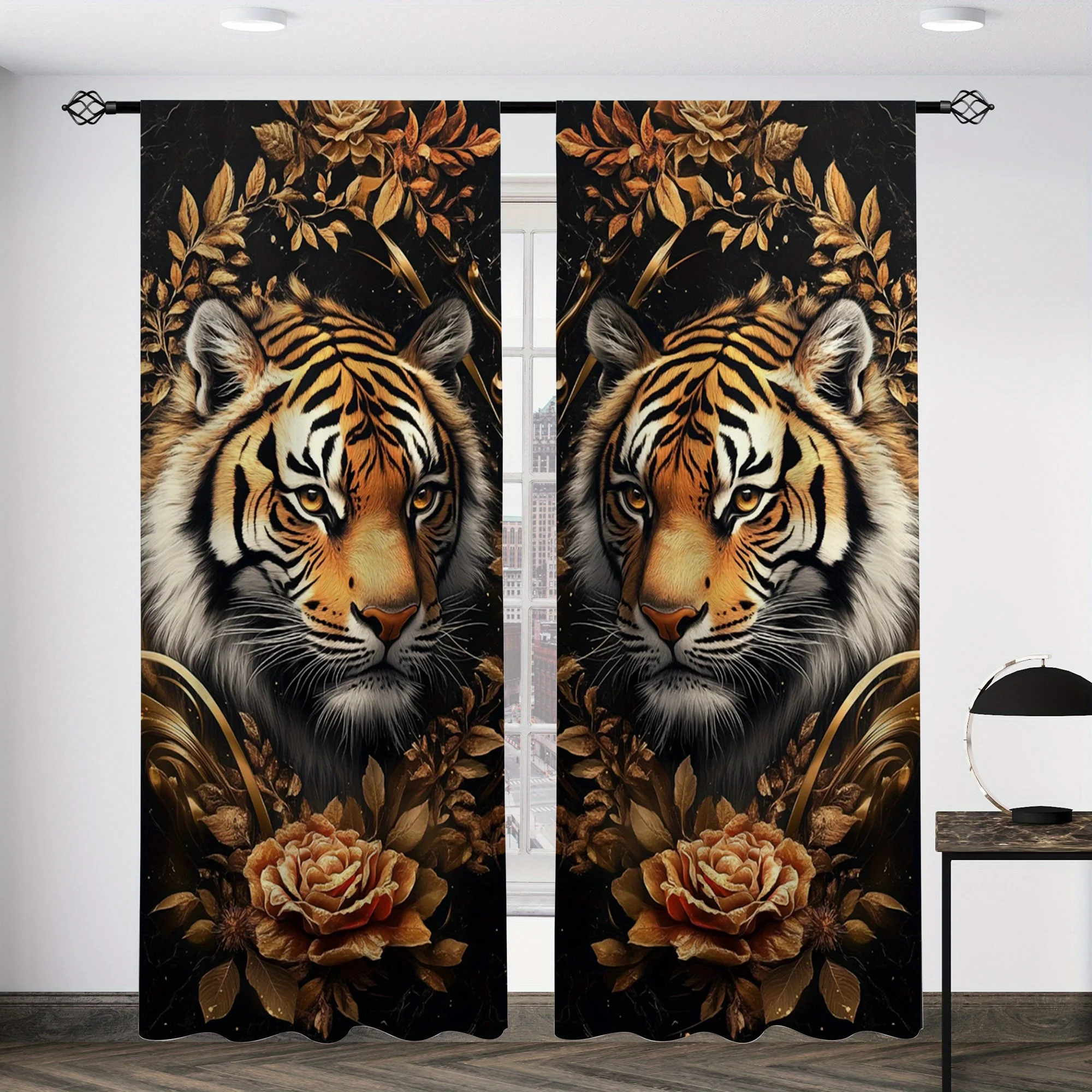 Large Tropical Tiger Art Print Curtains Gothic Floral Drapes Vintage Animal Wall Mural Window Treatment Room Decor Accent