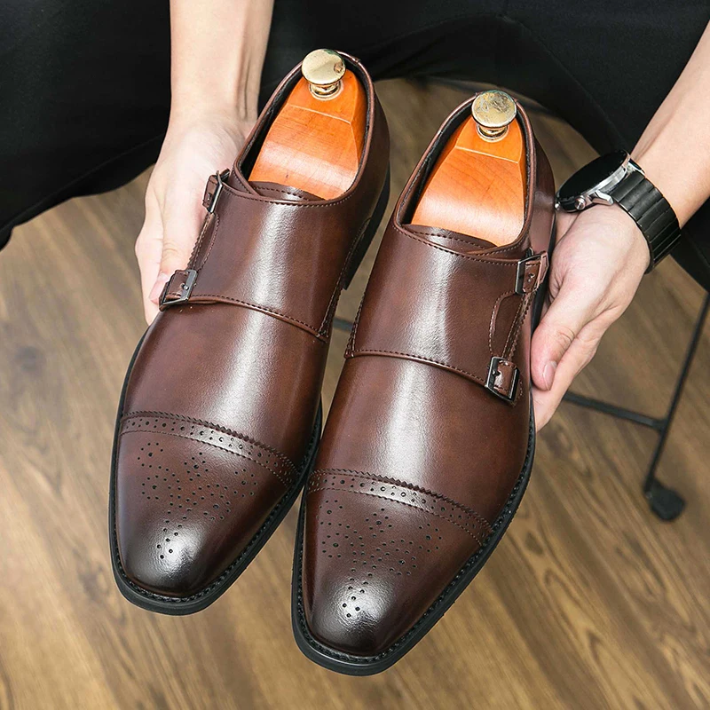 Formal Shoes Men Solid Color Block Hollow Carved Fashion Trendy Double Buckle Pointed Leather Shoes