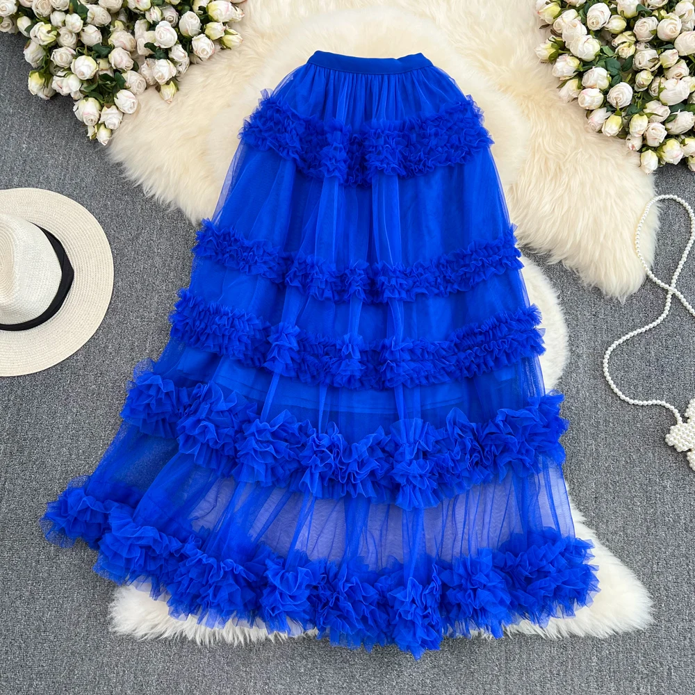 High Waist A-Line  Skirt with Lace And Elastic Waist Mid-Length Over-Knee Multi-Layered Cake Sle Fairy T Skirt