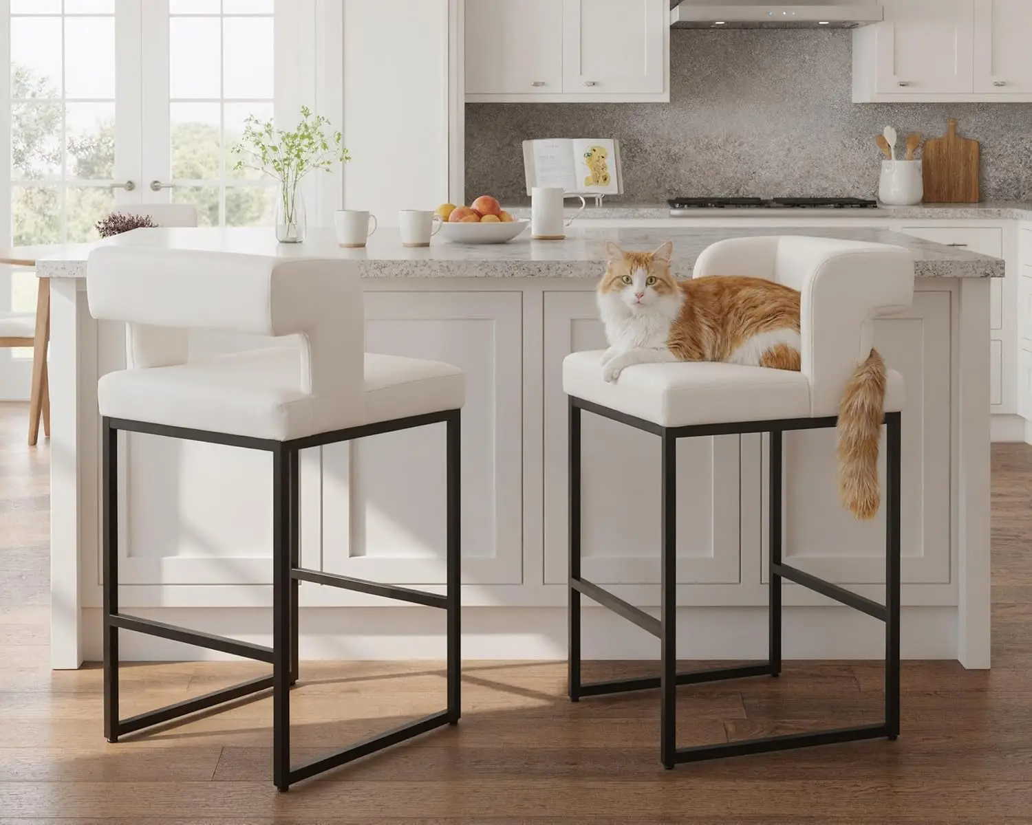 

Набор из 2 барных стульев высотой 26 дюймов, современные белые барные стулья с обивкой из искусственной кожи, с открытой спинкой, на заказ