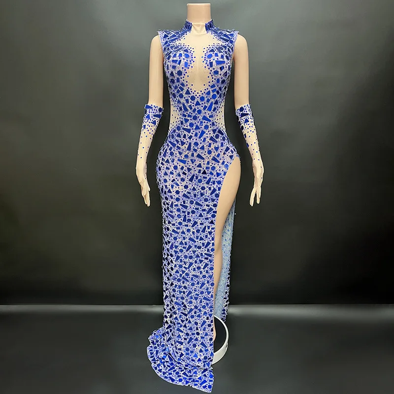 Gold Handmade Shiny Lenses Crystal Slim Sleeveless Long Evening & Birthday Dress With Gloves, For Host Body Transparente Flecos