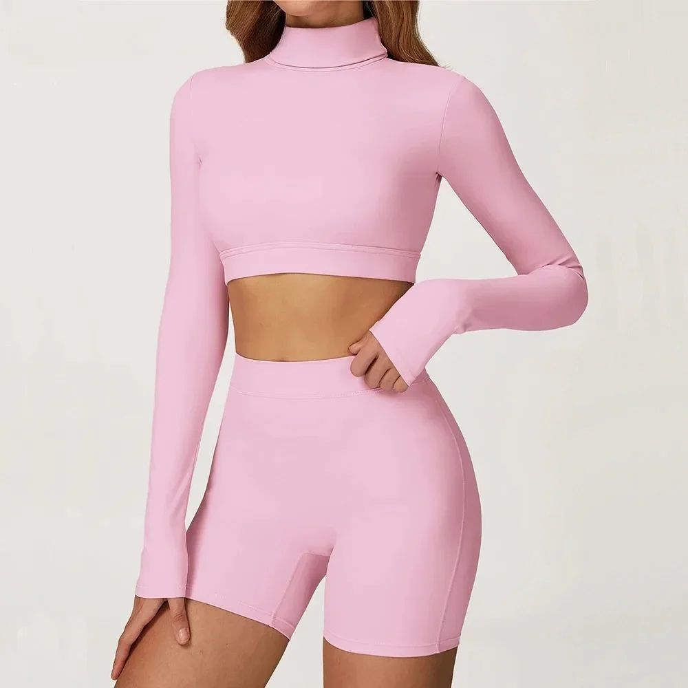 Autumn Gym Workout Crop Top Solid Turtleneck Long Sleeve Yoga Shirts Hollow Back Tight Slim Sports T-Shirts Fitness Running Tops