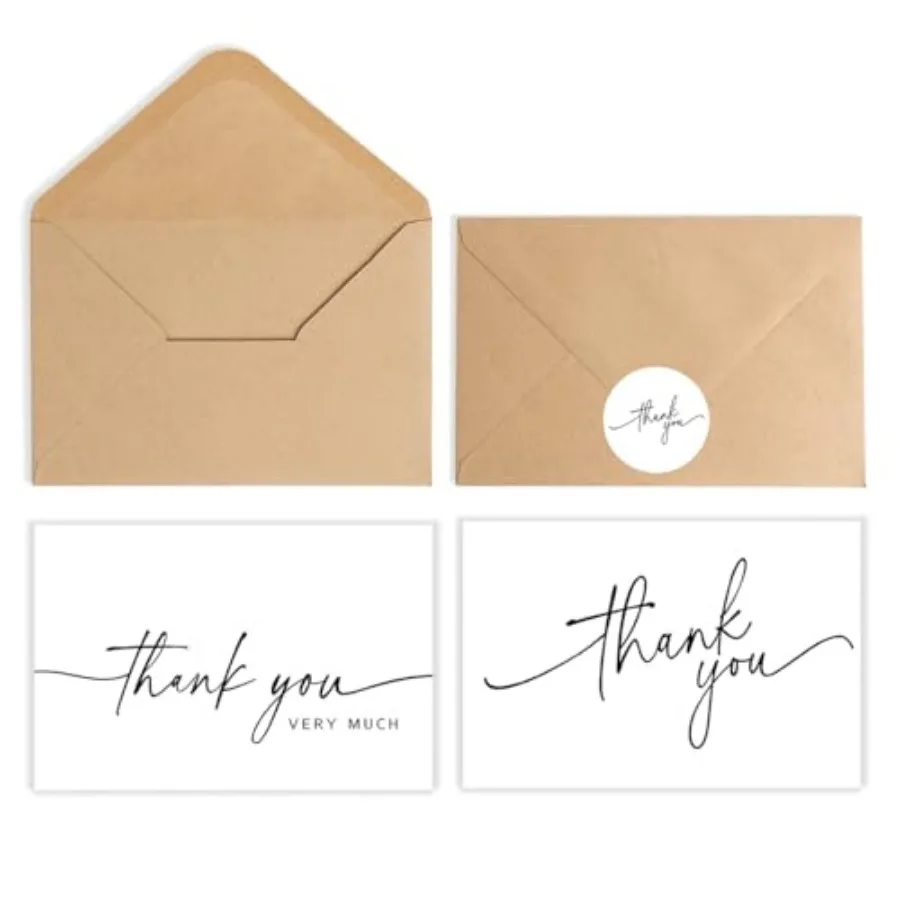 52-pack Thank You Cards Bulk with Kraft Envelopes and Matching Stickers, 3.5x5 Inches, Minimalist Design Perfect for Business,