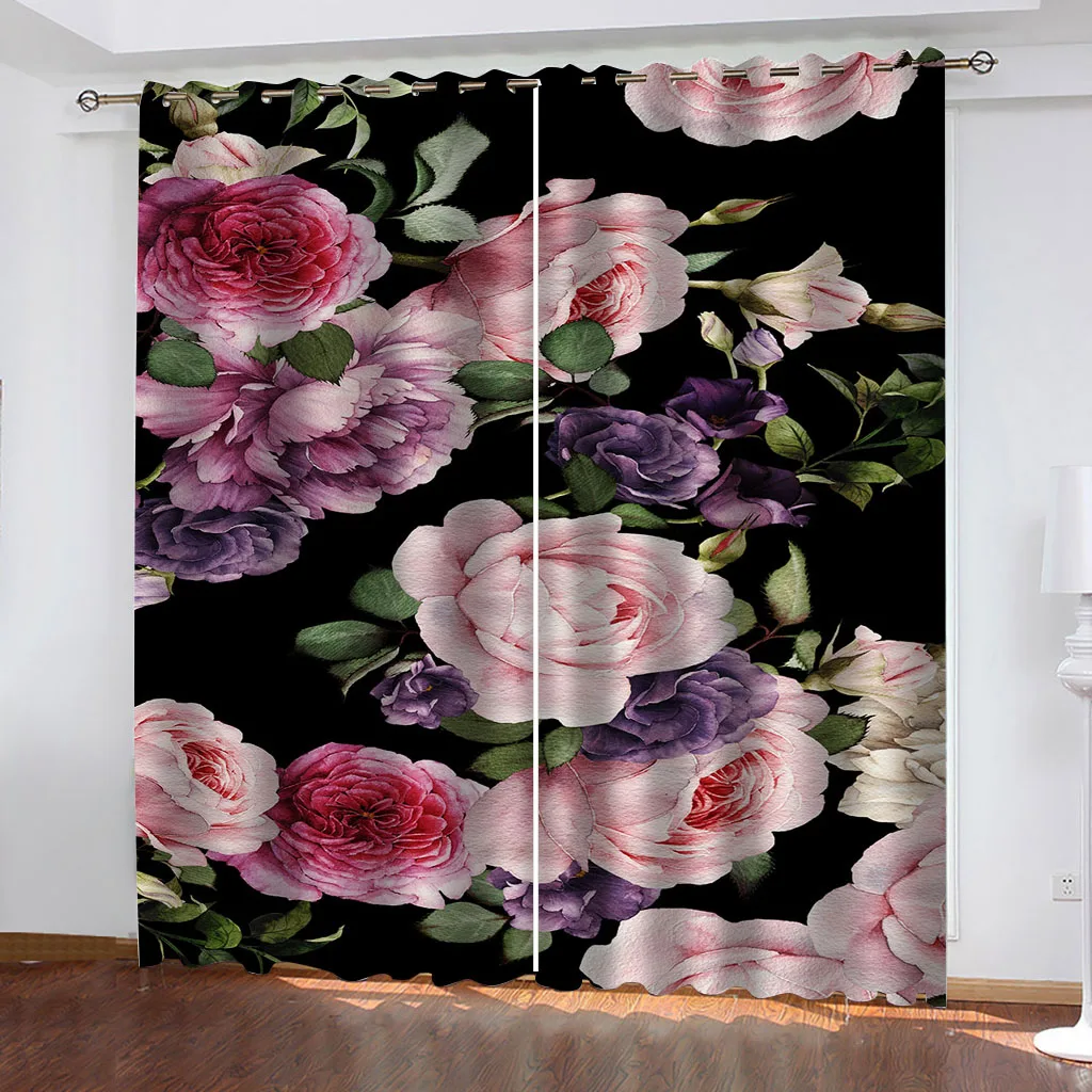 HUANZHUANG Elegant Room Curtains Pink Peony Flowers Best Selling Bohemian Style Living Room Bedroom Home Decor Curtains Free