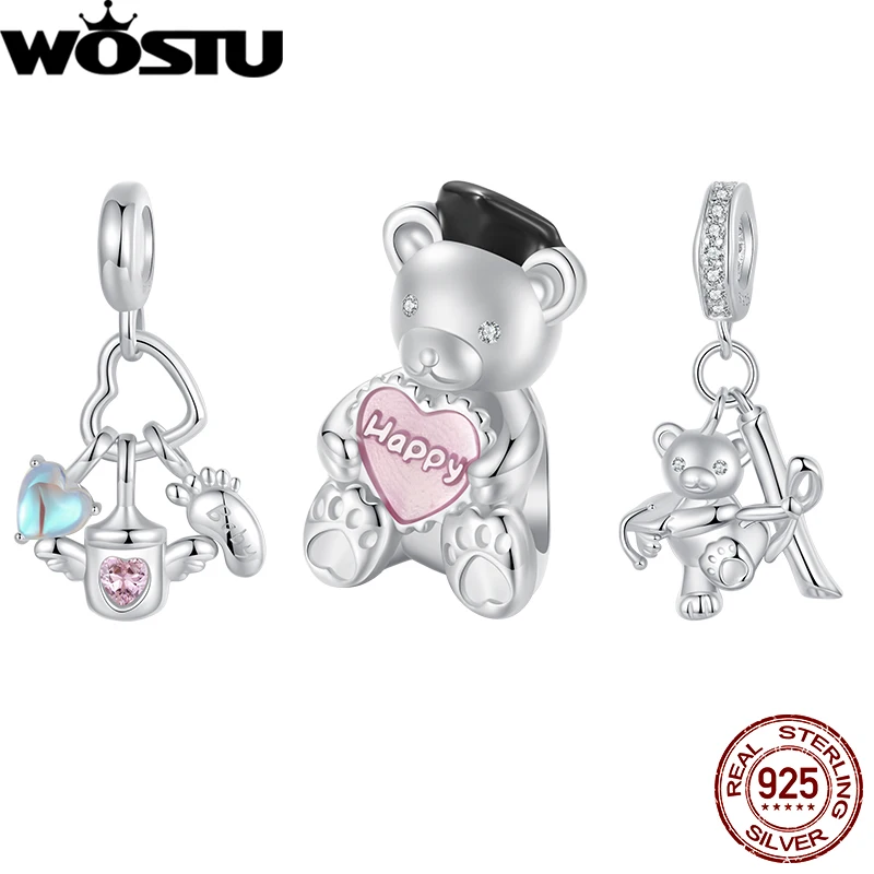 WOSTU 925 Sterling Silver Bear Charms Baby Bottle Set Pendant Fit Original Bracelet for Graduation DIY Jewelry Wishes Gifts