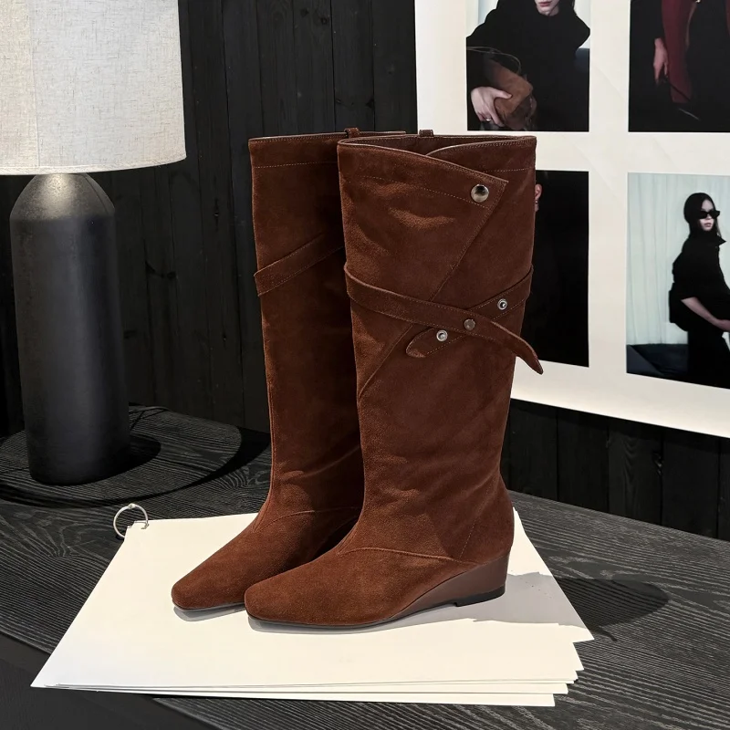 MKKHOU Fashion Short Boots Women's New High Quality Suede Boots Flip up Square Head Slope Heel Boots Calf Boots Winter