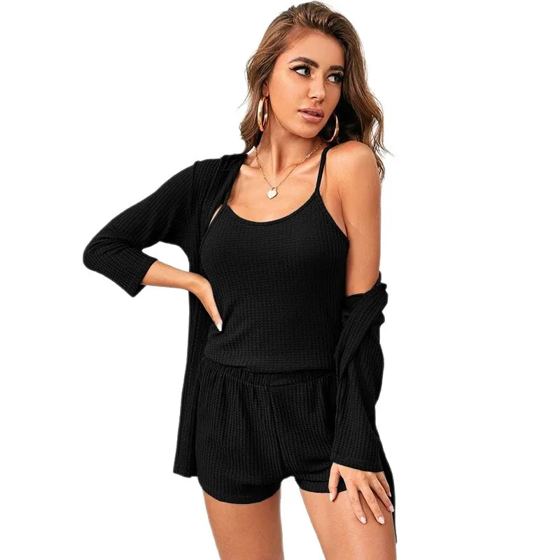 Dark Red Waffle Knit Camisole Top And Shorts Set Paired With Matching Long Sleeve Cardigan Lounge Sleepwear Outfit Clothing