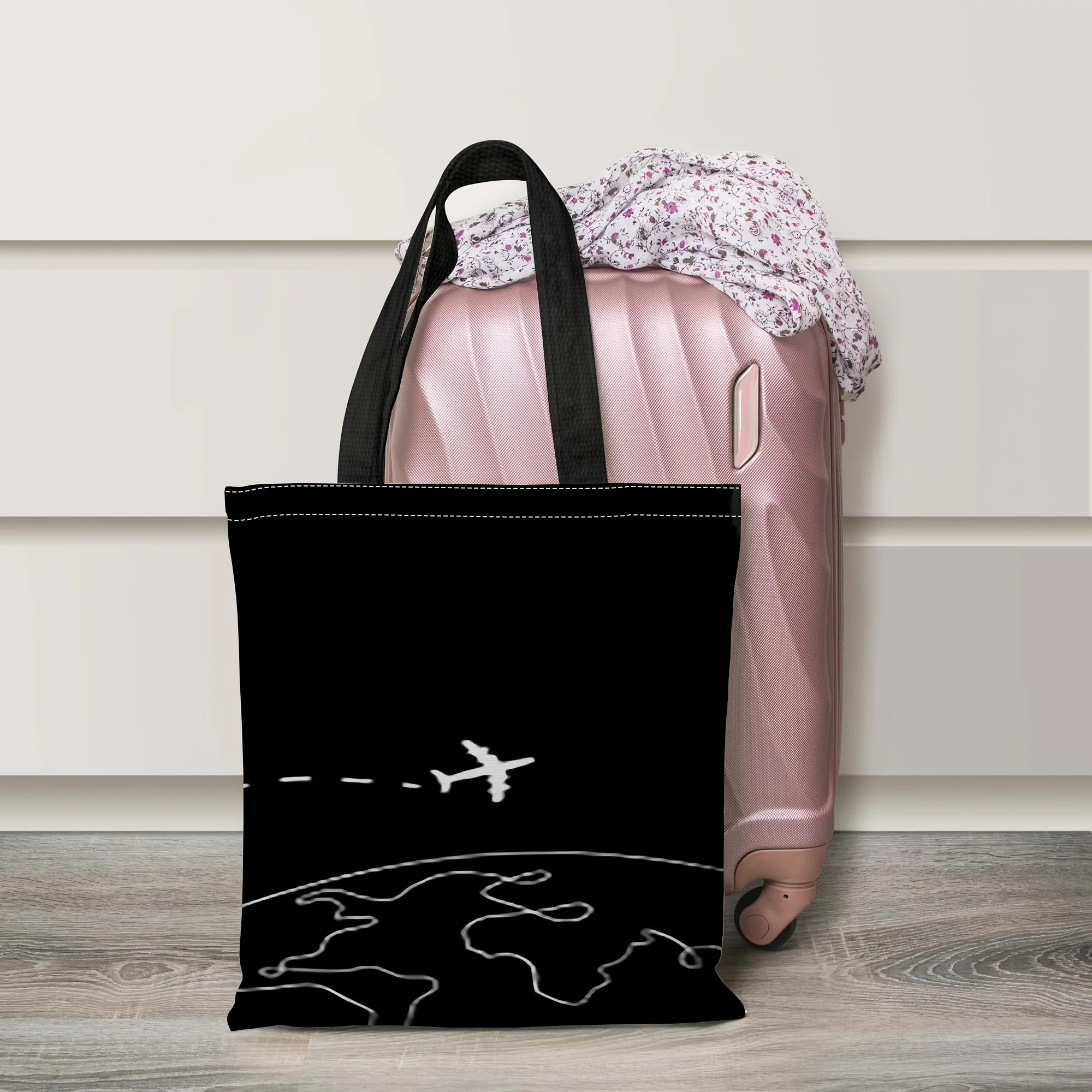 1pc Plane Tote Bag with Airplane Flight Path Print Reusable Travel Bag Suitable for Shopping, Beach Picnic, Daily Use