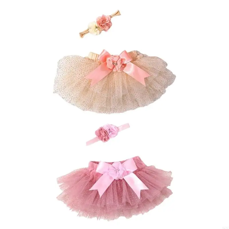 A5YC Newborn baby girls Photography Outfit Tulle Layered Skirt Glitters Bows Flower Headbands Photo Props Set