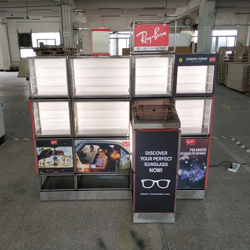 custom.Fashionable Double Side Glasses Kiosk Shopping Mall Acrylic Eyewear Sunglasses Display Kiosk with Poster