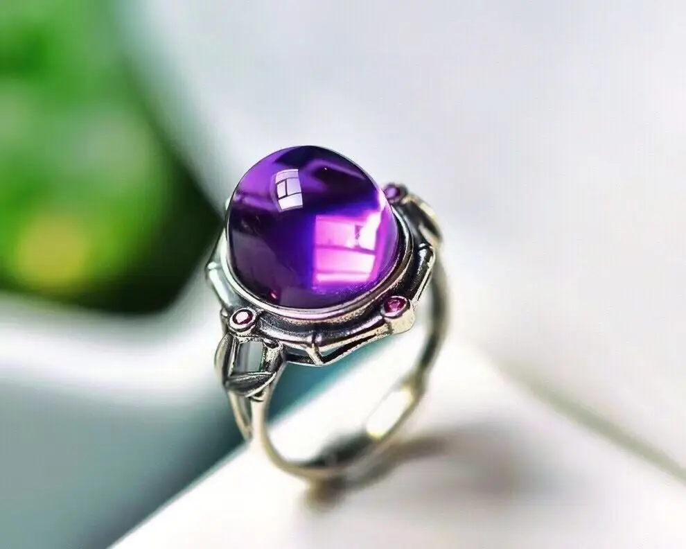 

Handcrafted 925 Silver Natural Brazilian Amethyst Ring Vivid Violet Color Cabochones Gemstone Vintage Silver Solitaire Jewelry