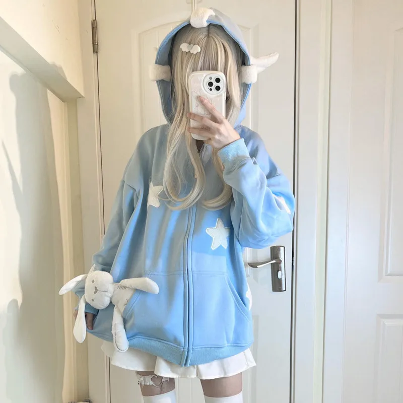 

Preppy Style Clothes For Teens Autumn Y2k Style Women Hoodies Hooded Wings Zipper Oversized Sweatshirt Casual Cute Outwear