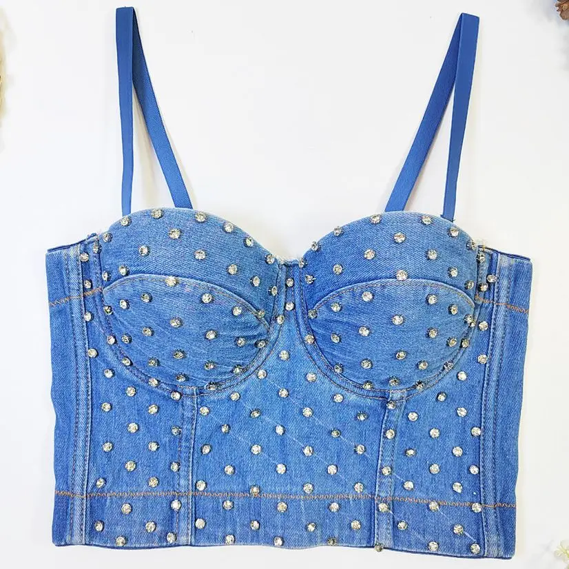 

Luxury Diamond Denim Vest Female Bustier Bra Backless Sexy Cropped Top Summer Tank Tops For Women Camisole Y4163