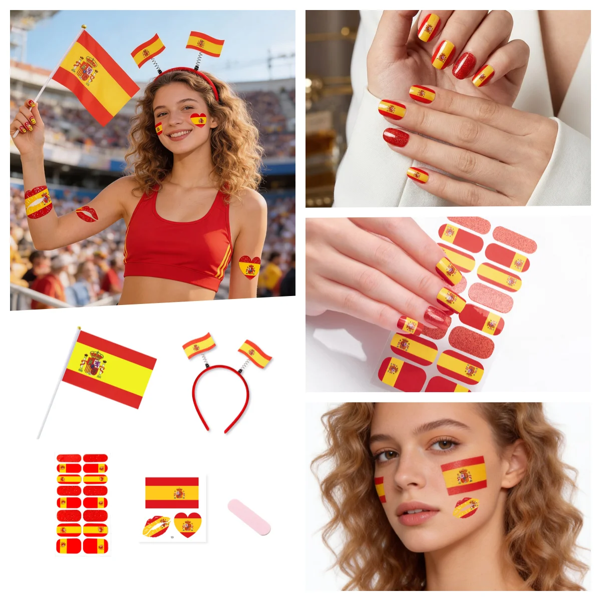Set de 8 pegatinas para uñas de aficionados a España, pegatinas de tatuajes, accesorios para la cabeza y bandera giratoria para decoración de fiestas y festivales