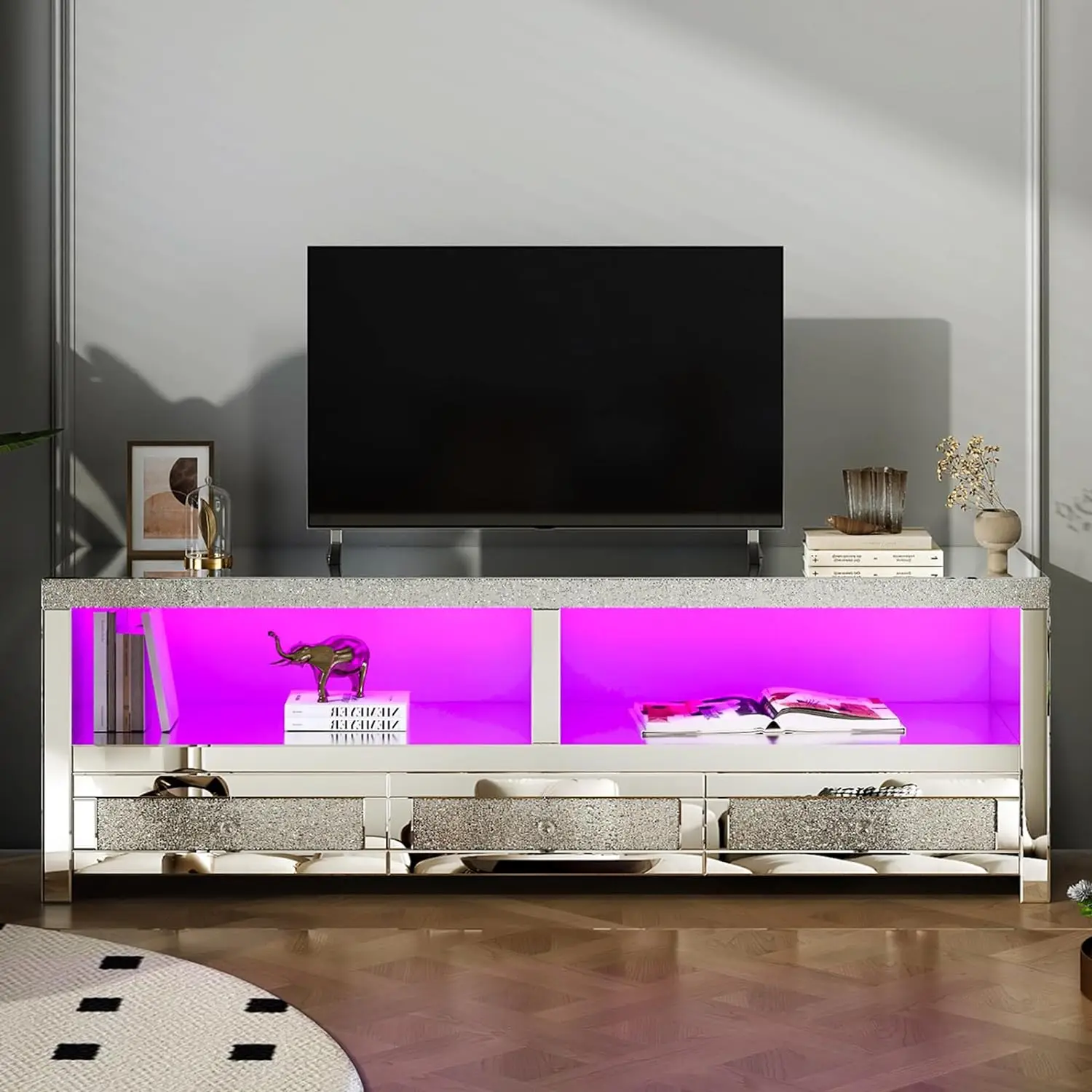 

# Modern Silver Crushed Diamond Mirrored TV Stand With LED Light Drawers & Open Storage Center