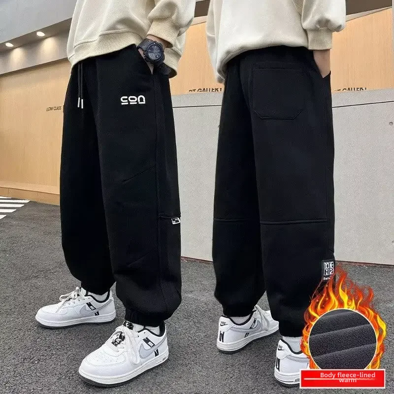 2024 New Children's Sweatpants Autumn/winter Fleece-lined Mid To Large Boys Trousers Black Trendy Kids Casual Pants