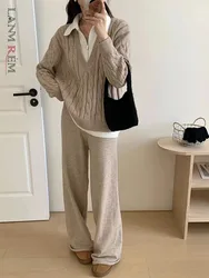 LANMREM Two-pieceTwists Sweater Set Patchwork Lapel Pullover With Wide Leg Pants Knitting Thickened Clothing 2024 New 2DA9350