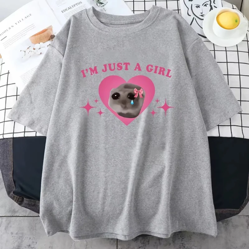 Sad Hamster T-shirt Ik ben gewoon een meisje Cartoon afdrukken T-shirt Casual zomer-T-shirts met korte mouwen Hoge kwaliteit meisjes-T-shirts