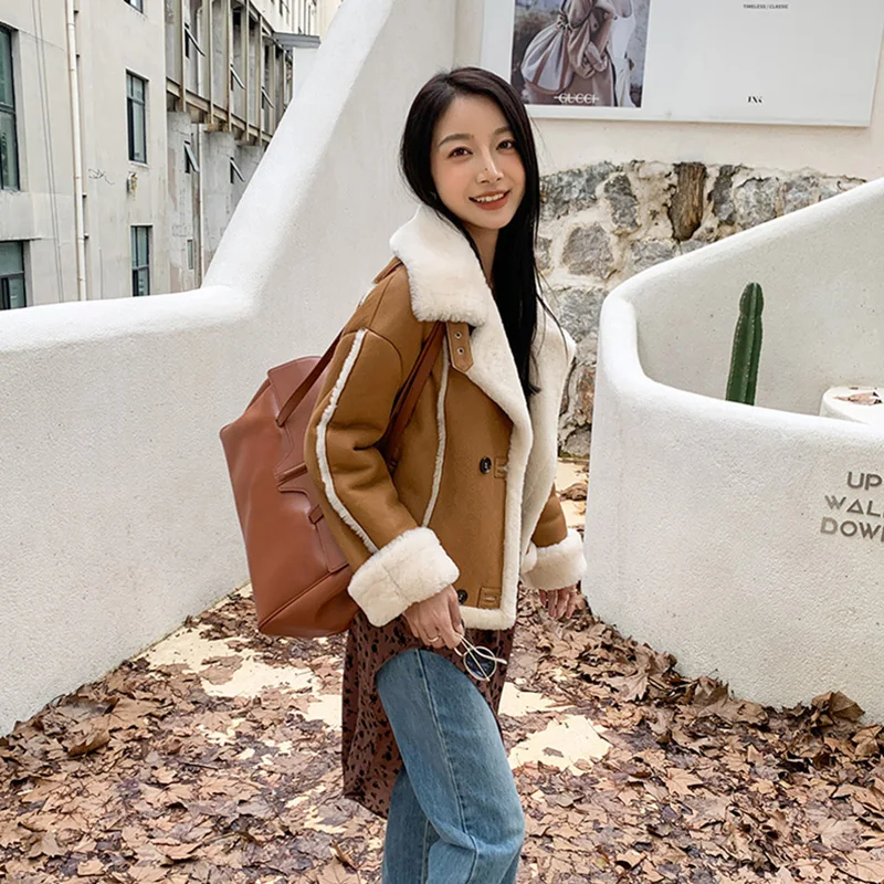 Lady Shearing Leather Jacket 2022 New Thick Warm Crop Genuine Sheepskin Overcoat Fur Lining Splicing Winter Coat Fashion MH3899L