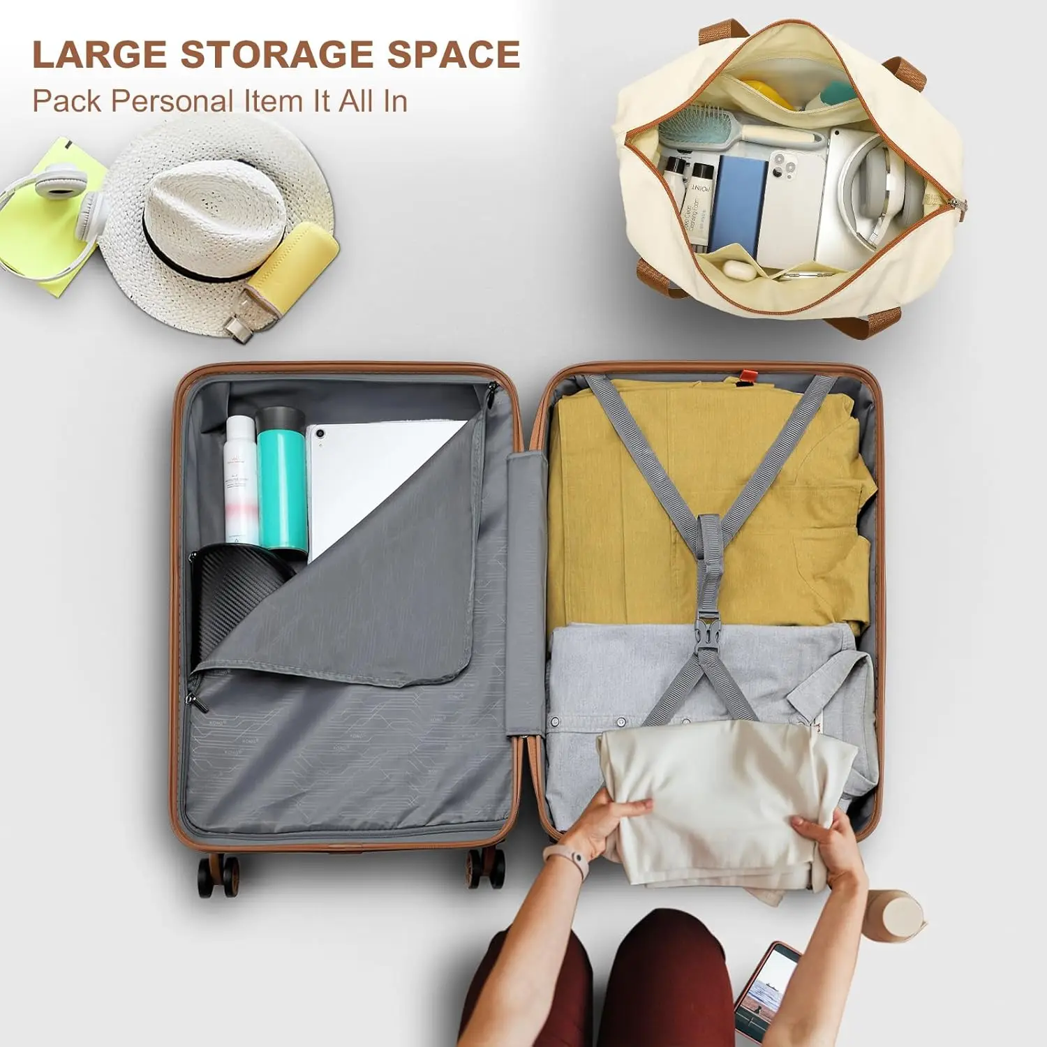 Kono Valise Set Bagage rigide à main avec roulettes TSA Lock Spinner (blanc crème, ensemble de 6 pièces)
