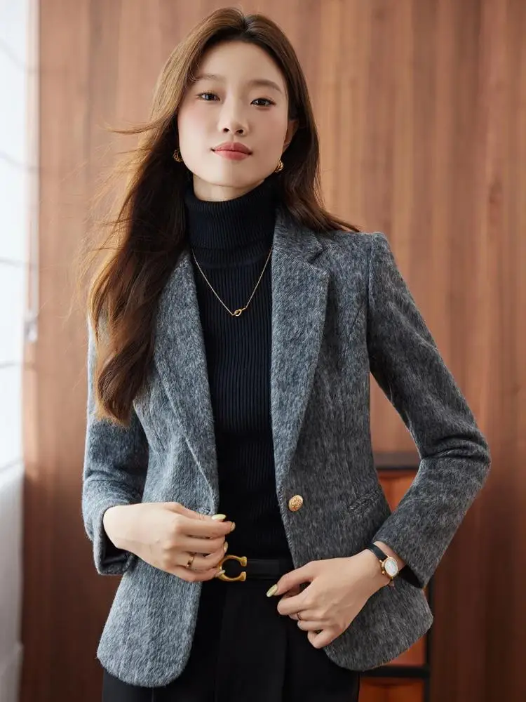 Vintage Damen Grau Elegant Langarm Wollblazer Mantel Herbst Winter Vielseitig Single Button Festival Tops 2025, Einfachheit