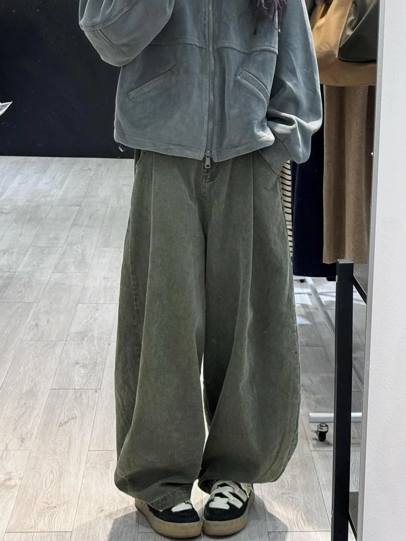 

American Retro Washed Green Wide Leg Denim Jeans Women Summer New Style Spicy Loose Lazy Loose Feel Knife Pants