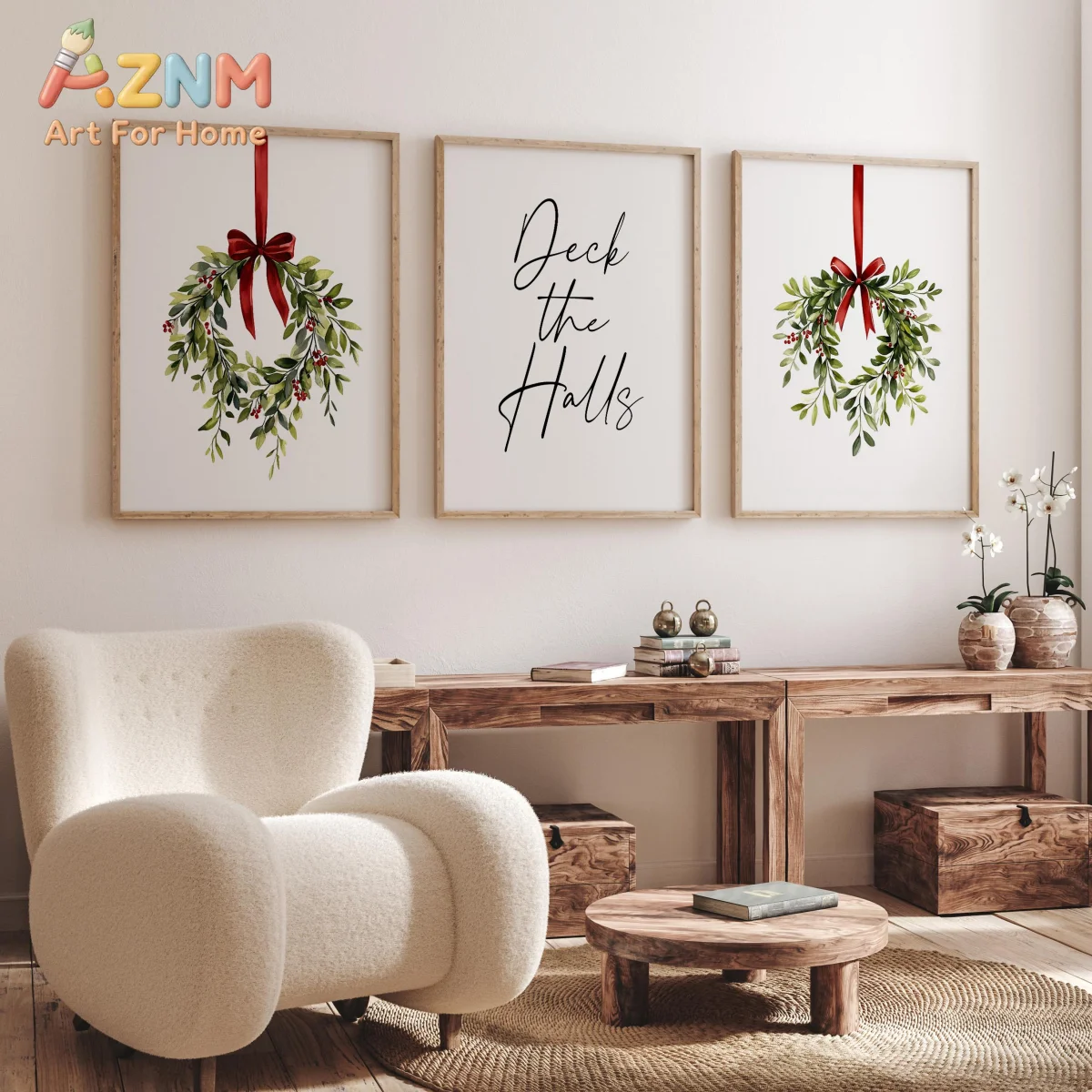AZNM Frameless 2D Flat Christmas Wreath Red Bow Deck The Halls Letter Canvas Print, Reusable Minimalist European‑style Holiday I