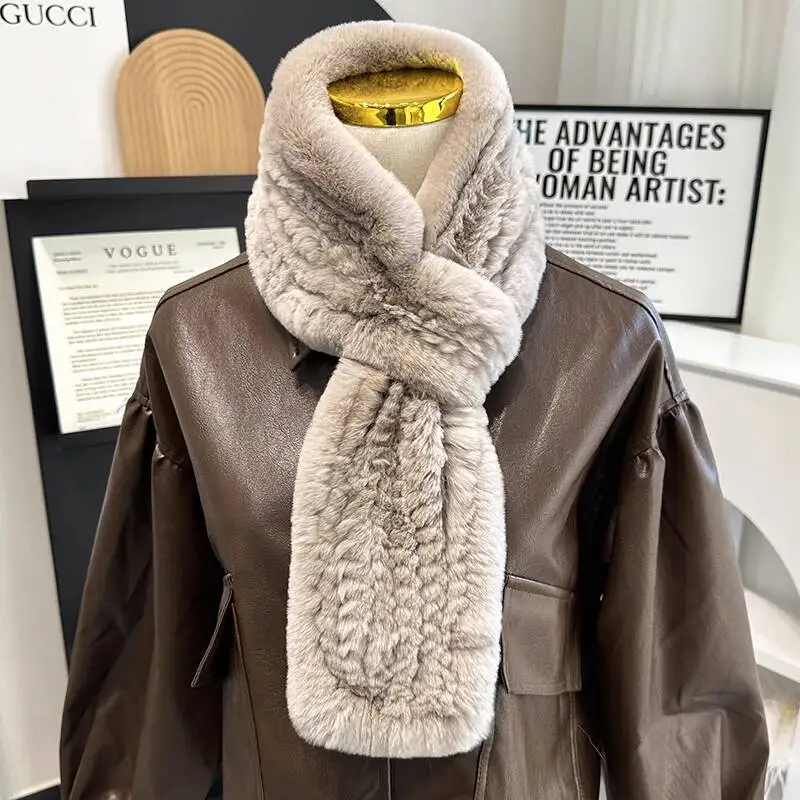 Écharpe en vraie fourrure de lapin Rex pour femmes, écharpe en peluche Simple et chaude, faite à la main, Double face, épaisse, polyvalente, collier en fourrure