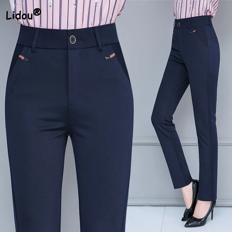 

Commute All-match Female Solid Color High Waist Straight Pants Spring Fashion Slim Elastic Casual Trousers Women's Clothing