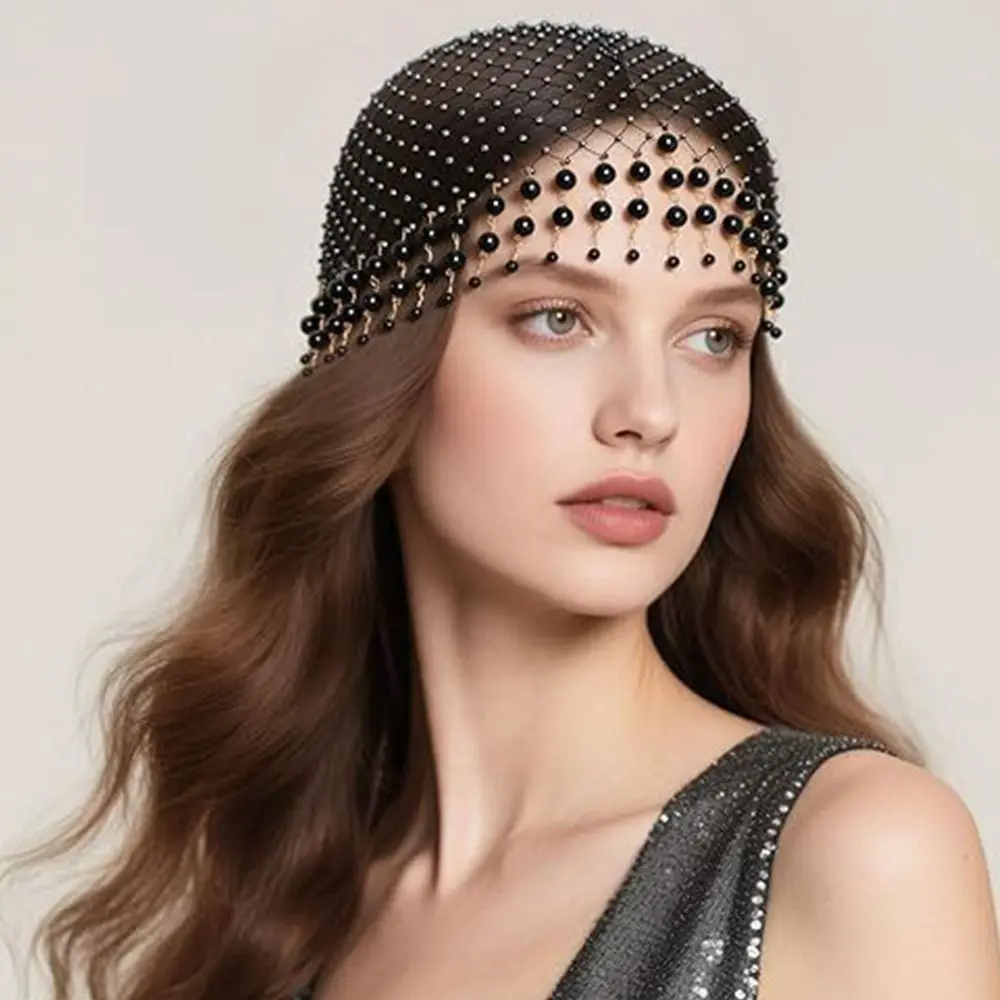 Snug Fit Elegant Pearl Tassel Hair Hat Hollow Out Fishnet Mesh Pearl Weave Hat Soft Beanies Handmade Pearl Hat Outdoor Wear
