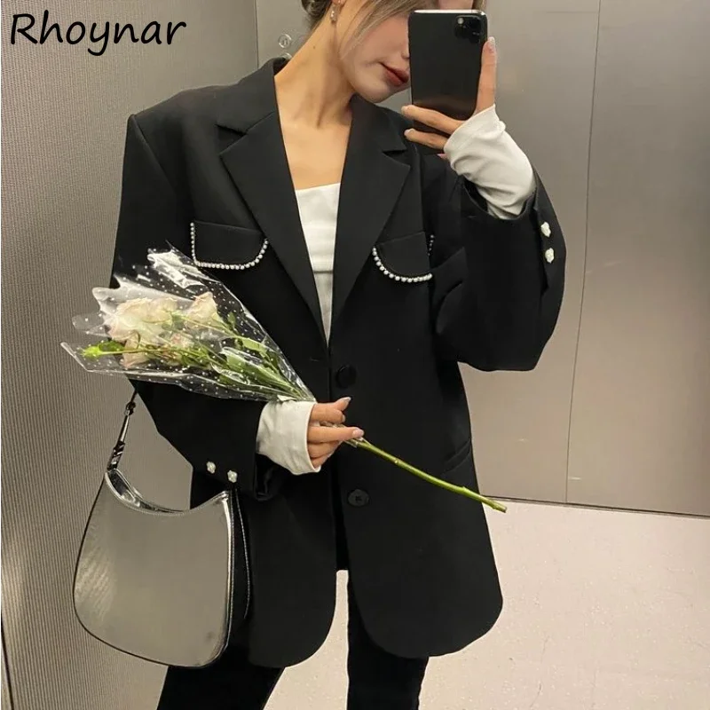 

Blazers Women Spring Temperament Pearls Casual Fashion Streetwear Harajuku Elegant Popular Long Sleeve Notched Baggy Female Cozy