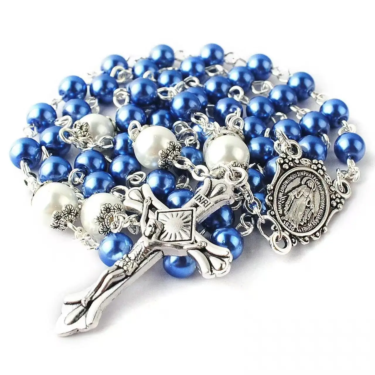 مجموعة قلادة عذراء من اللؤلؤ الزجاجي مقاس 6 مم مكونة من قطعة واحدة أنيقة متعددة الألوان هدية للمناولة الكاثوليكية للأولاد والبنات