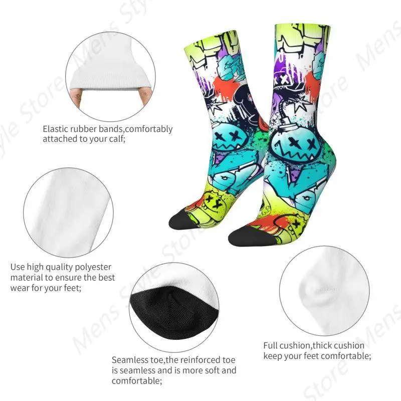 Benutzerdefinierte lustige Herren-Socken im Street-Art-Stil mit Wörtern und Cartoon-Monstern, Unisex, warme, bequeme Graffiti-Kunst-Crew-Socken