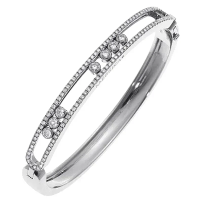 

Silver Plated Paved Oval Slide Bangle, Open Cuff Bracelet with Six Floating Stones