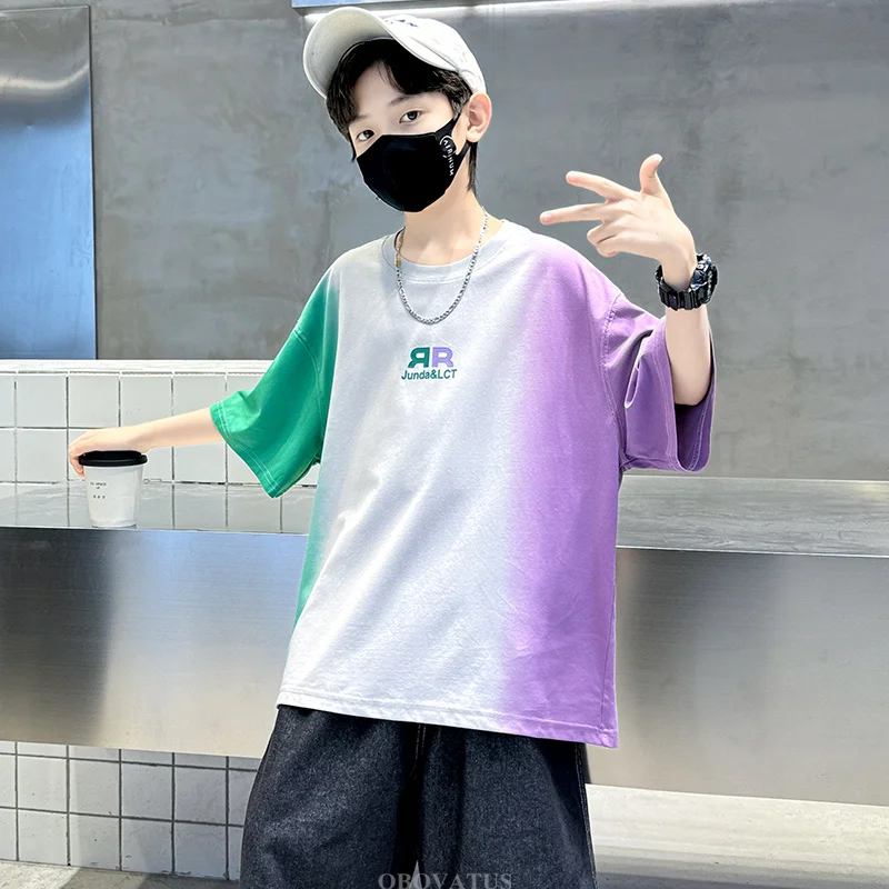 New Summer Boys T-Shirts Fashion Korean Kids Short Sleeve Gradient Tshirt Streetwear Child Luxury Clothes Top Tees Outfits 5-14Y