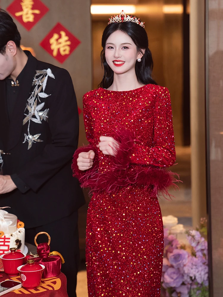 

Red Evening Gown Women's Sequin High-End Feeling Wedding Dr Engagement Clothes Autumn Winter Faion Ele Princ Sve