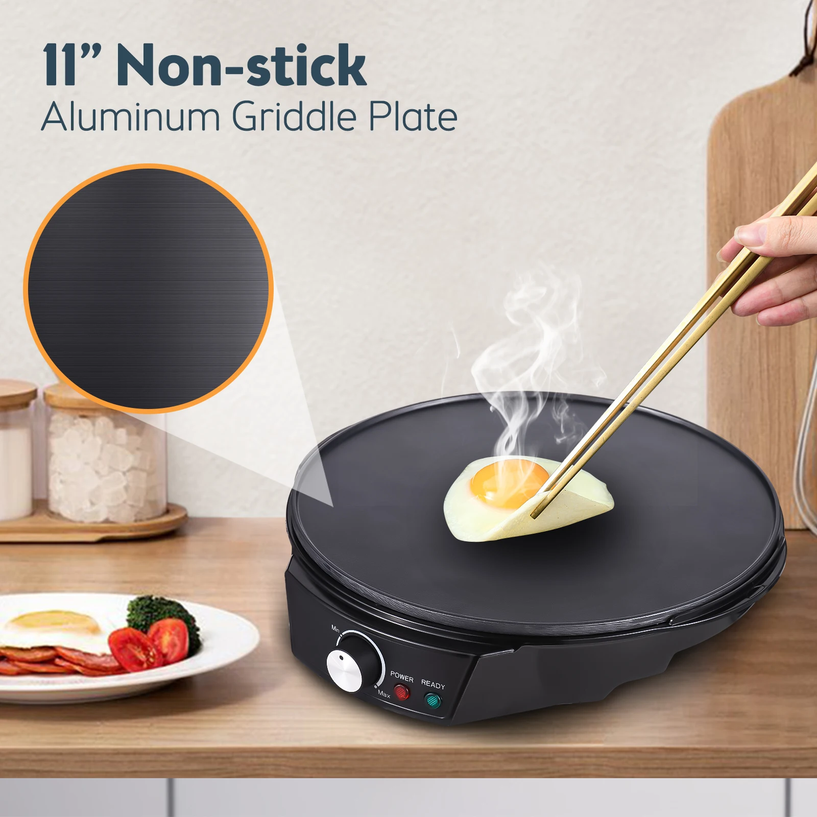 11 Inches Electric Crepe Maker 1200W 50-210 Celsius Degree Temperature Control Non-stick Pancake Griddle Wooden Spatula