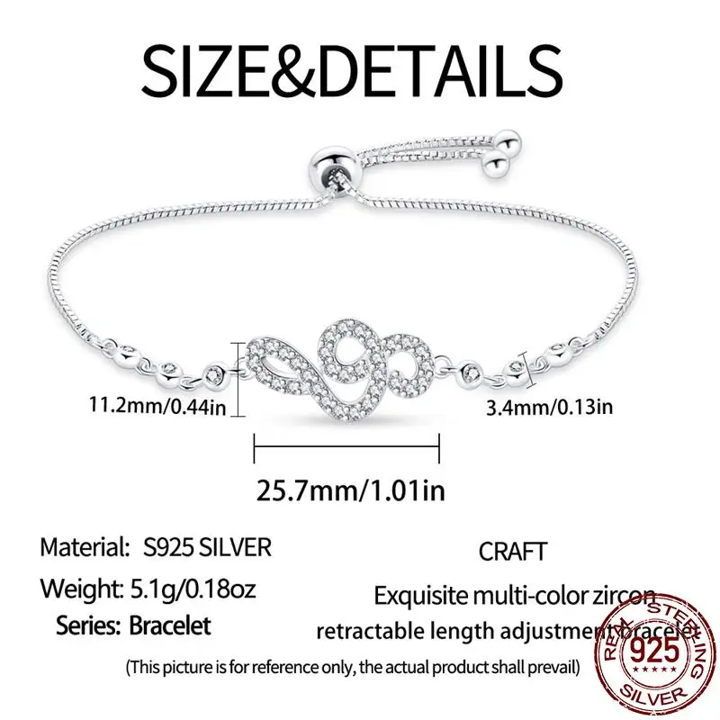 Luxury 925 Sterling Silver Music Symbol Bracelets Heart Zircon Chain Bracelet Rhinestone Bangle For Women Wedding Bridal Jewelry
