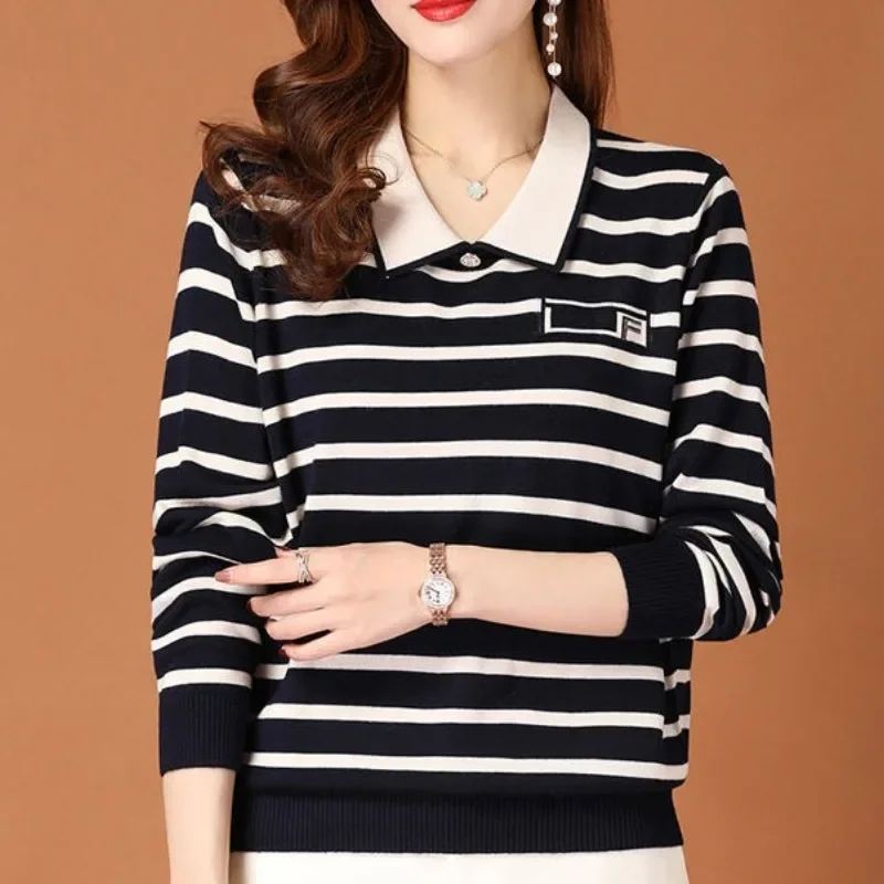 Commute Women's Clothing Casual Peter Pan Collar Striped Tops Spring Autumn Female Fashion All-match Long Sleeve Knitted T-shirt