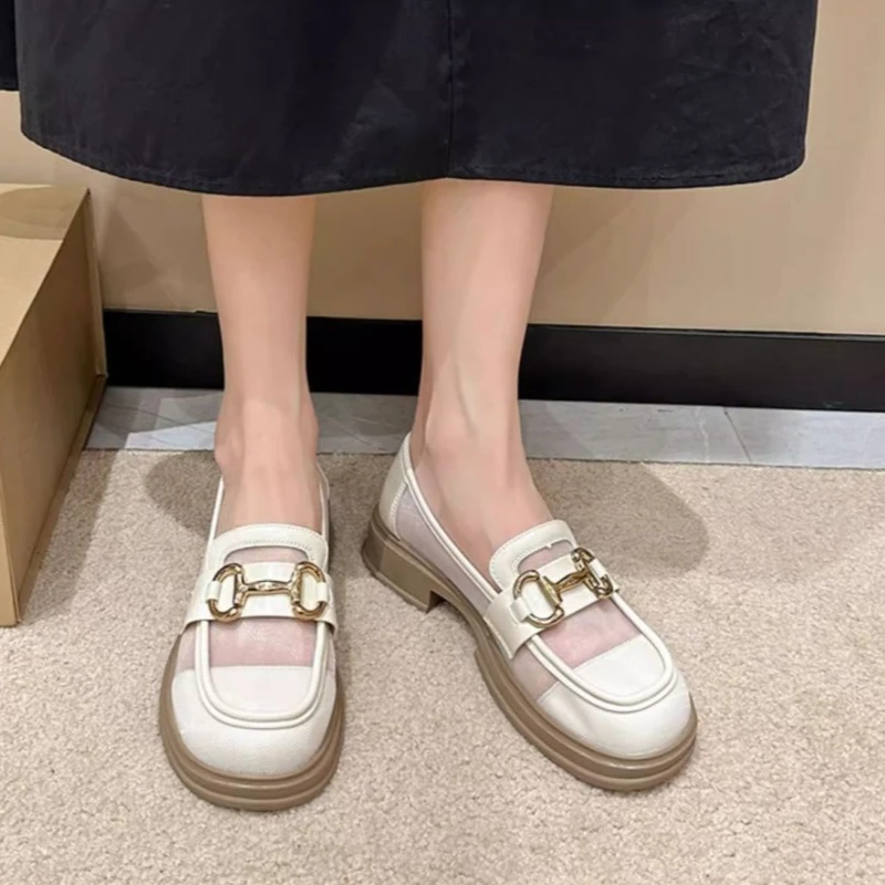 

Summer New Women's Mesh Loafers Thin Hollow Design Super-Soft Platform Thick Sole Height-Increasing School Style Leather Flats