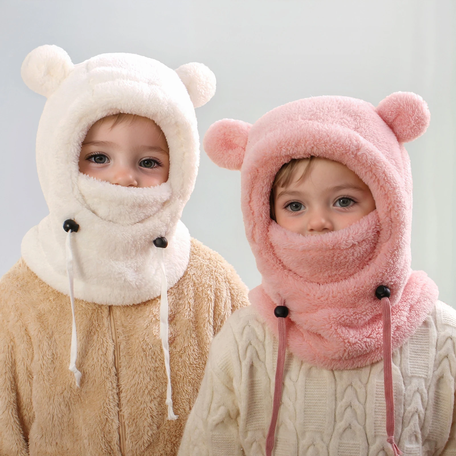 Boys Girls Warm Plush Ski Hat Children Winter Hat with Face Guard Cartoon Bear Ear Ski Hat with Adjustable Face for Children