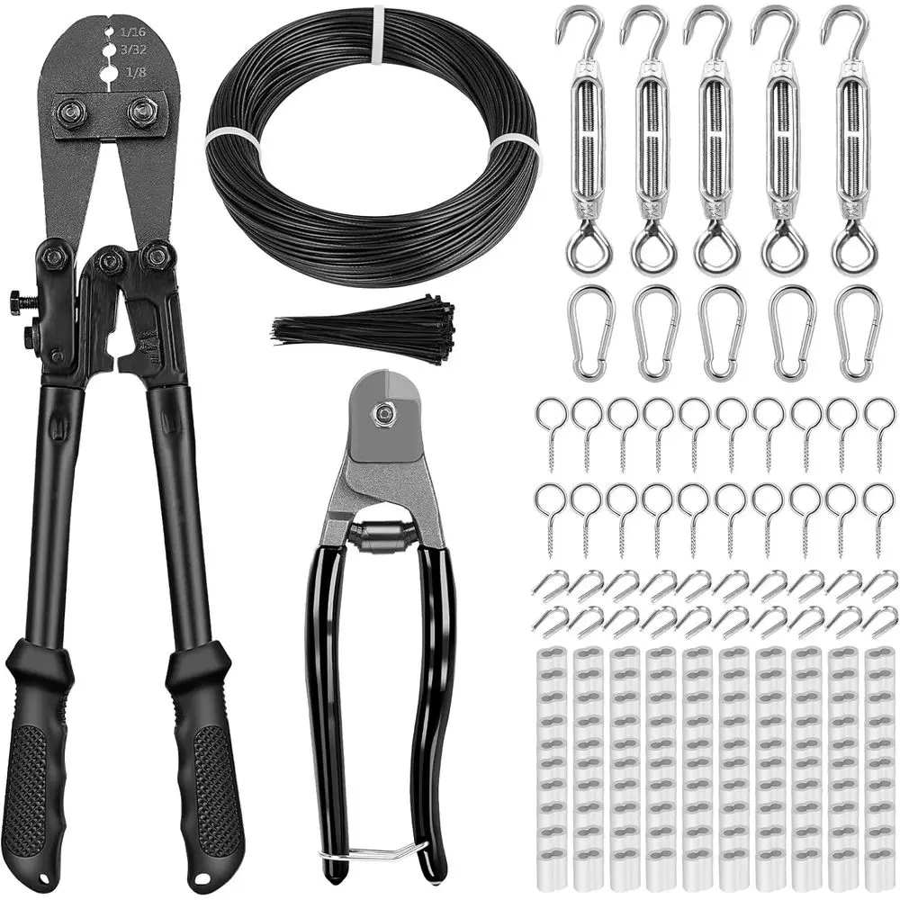 

1/16 200T Black Vinyl-Coated Stainless Steel Wire Rope Kit with Crimping Tool and Turnbuckle for Tension, Hanging, and Garden Ap