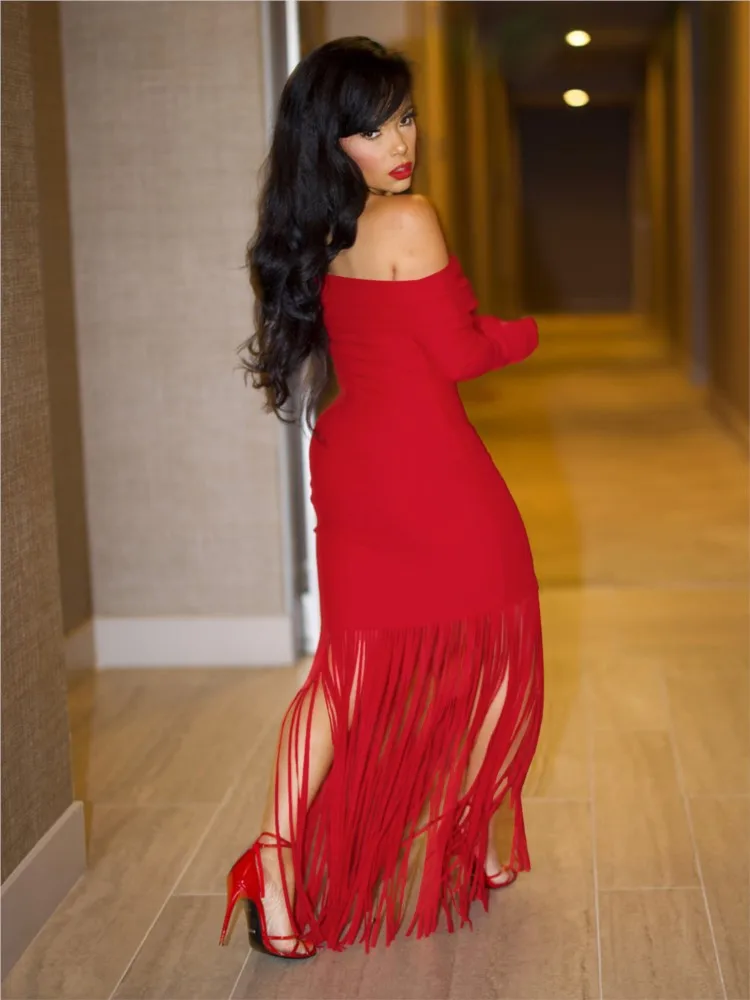 ชุดเดรสยาวทรงเข้ารูป แขนยาว คอเฉียง แต่งพู่ สไตล์ใหม่สำหรับฤดูใบไม้ร่วง เหมาะสำหรับงานปาร์ตี้ งานราตรี หรืองานพรอม