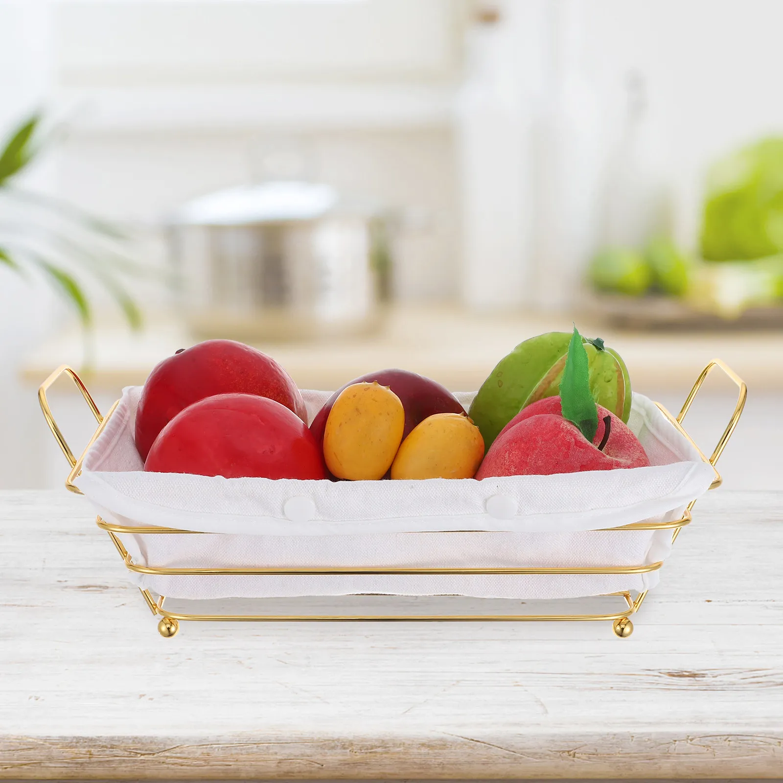 

Gold Wire Basket Rectangle Metal Bread Fruit Organizer Storage Basket Kitchen Display Tray Wire Storage Bin Bread Serving Tray