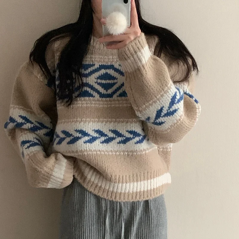 

Chic Retro Women's Knitted Long Sve round Ne Sweater Diamond Pattern Tassel Detail Commute Sle Faionable Versatile L...