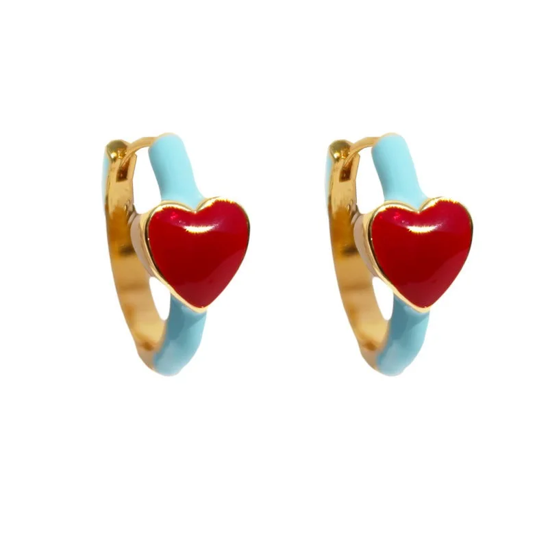 Two Tone Color Red Blue Enamel Heart Circle Gold Color  Earring Stud for Women Earrings Jewelry brinco Gift bijoux