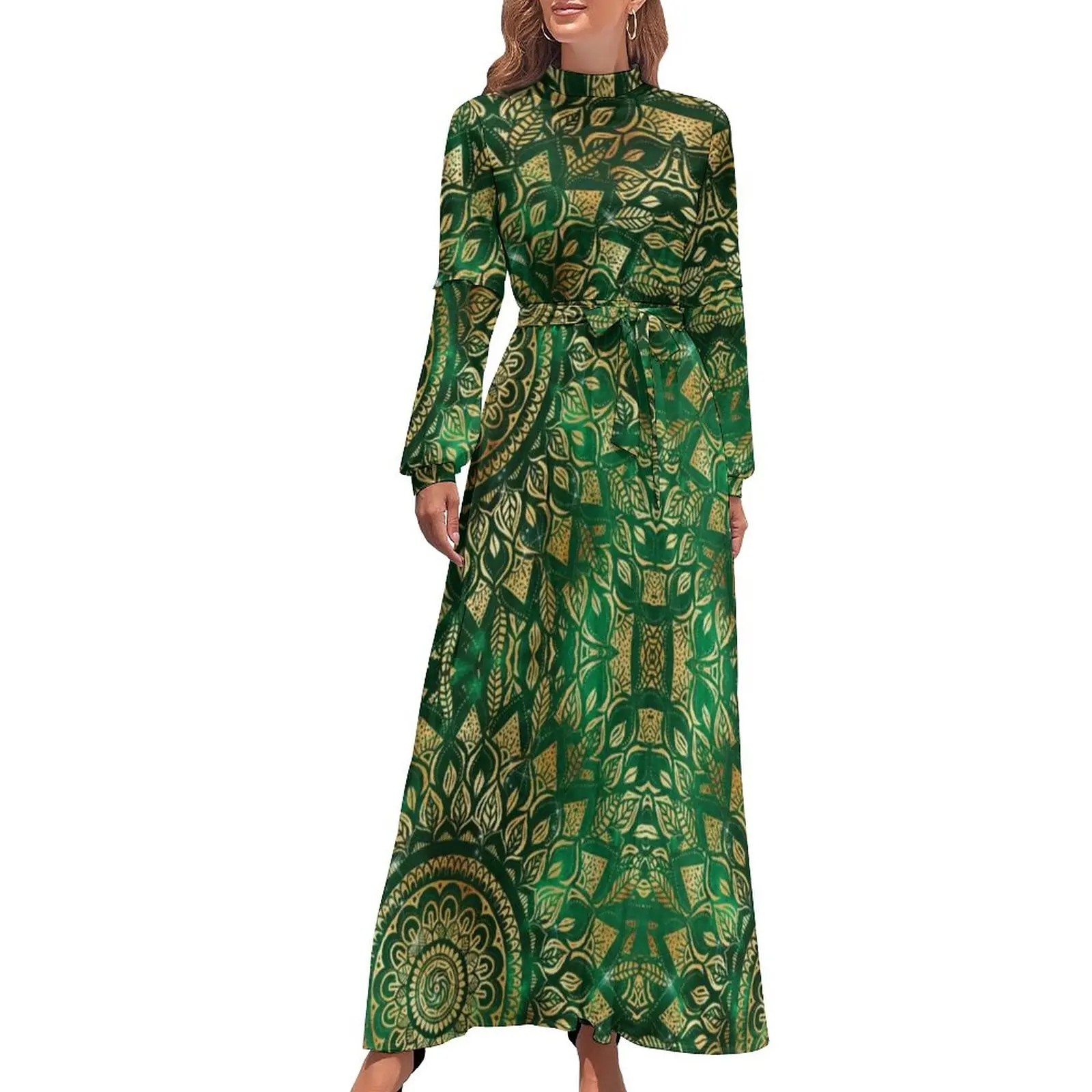 Gold Green Mandala Flower Dress Elegant Henna Floral Print Long Sleeve Elegant Beach Maxi Dress Simple Bohemia Long Dresses